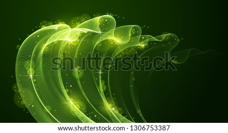 Flowing magic energy particles over dark, wave of blended dots transparent tulle textile on wind. Curved dotted 3d lines vector effect illustration. 3d futuristic style.