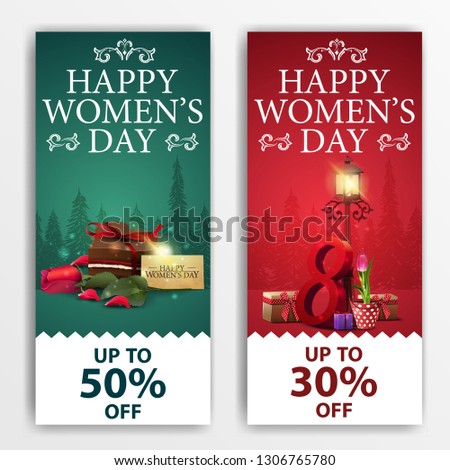 Women's day discount banners with cupcake, raspberry berries, rose and calendar