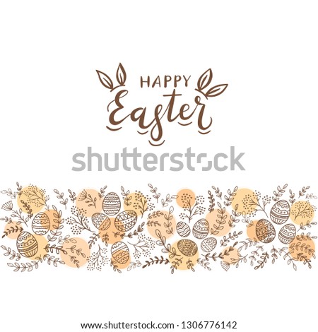 Decorative eggs with abstract orange circles and floral elements. Lettering Happy Easter with rabbit ears on white background, illustration.