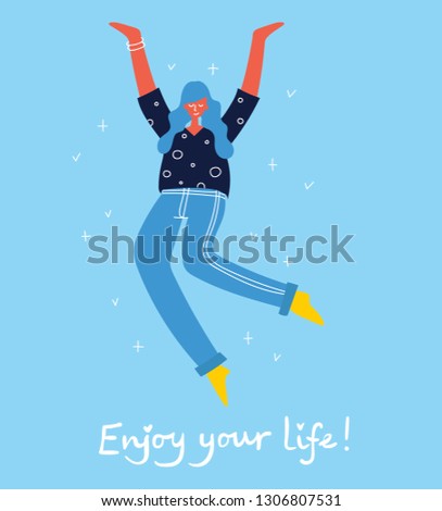 Concept of young girl jumping on blue background. Stylish modern vector illustration card with happy  female teenagers and hand drawing quote Enjoy your life 