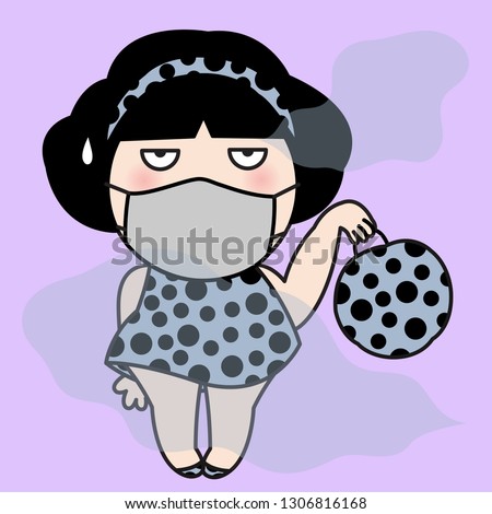 Trendy Girl With Her Polka Dot Print Sleeveless Dress, Bag, Shoe And Face Masks For Smoggy Days. Fashionable Woman Protects Her Health From Dirty Dust With Pollution Masks Concept illustration