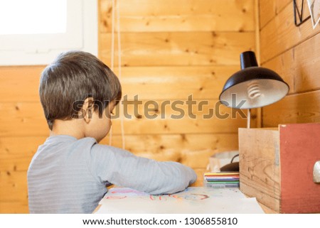 Portrait of a child drawing in his room. Close-up of a kid painting a picture
