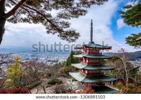 Red pagoda, Chureito, is landmark near Fuji mountain in Kawaguchiko in Japan