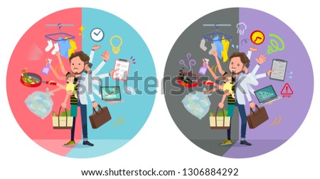A set of Middle-aged man in sportswear who perform multitasking in offices and private.There are things to do smoothly and a pattern that is in a panic.It's vector art so it's easy to edit.