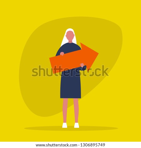 Young female character holding a big red arrow. Success. Growth. Efficient management. Flat editable vector illustration, clip art