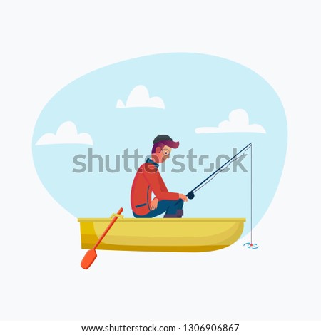 Fisher man holding fishing rod in the boat, season fishing. Vector cartoon character on holiday, trip. illustration. Flat design style