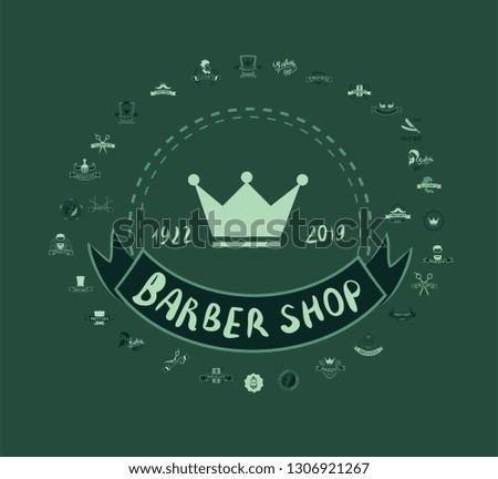 Set of vintage barbershop emblems, labels, badges, logos. Vector collection of hand drawn barbershop tools and accessories with hipster model man.