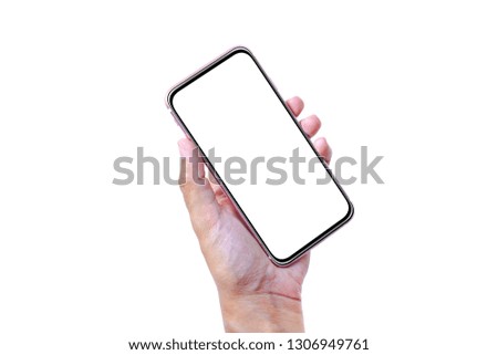 Hand girl holding smart phone with blank space for add text. Isolate on white background.