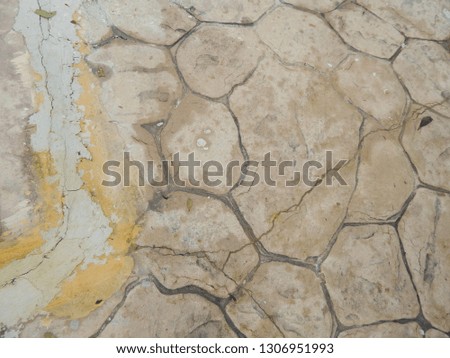 Worn patio slabs and traces of repair material. Plain texture.