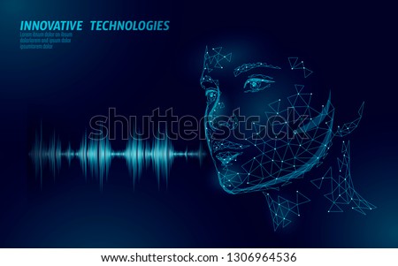 Virtual assistant voice recognition service technology. AI artificial intelligence robot support. Chatbot beautiful female face low poly vector illustration Royalty-Free Stock Photo #1306964536