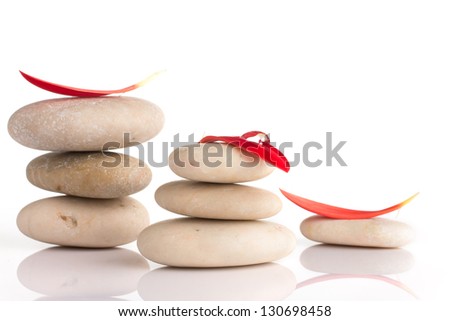 Spa stones and red gerber petals isolated on the white background.