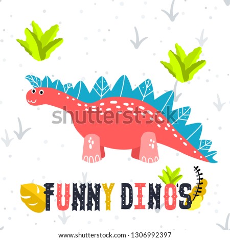 Adorable little dinosaur vector illustration for kids fashion, funny dino in cartoon style. Ideal for cards, invitations, party, banners, kindergarten, baby shower, preschool and children room