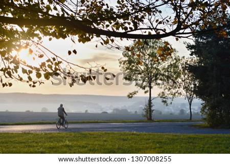An old man is riding his bike in a beautiful countryside, the sun is setting. The path is surrounded by trees and the sun shines on the road ahead.