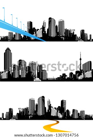 Set of black and white panorama cities. Vector art