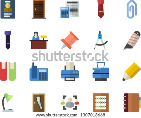 Color flat icon set Entrance door flat vector, calculator, stationery knife, dividers, abacus, recruitment, badge, telephone, reading lamp, printer, tie, pencil, copy machine, book, pushpin, clip