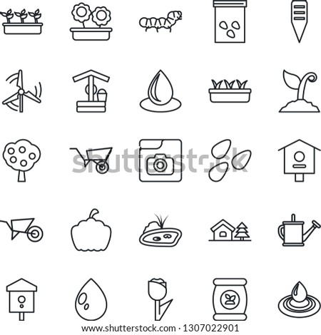Thin Line Icon Set - watering can vector, wheelbarrow, sproute, seedling, water drop, well, plant label, pumpkin, seeds, caterpillar, bird house, fertilizer, tulip, photo gallery, with tree, pond