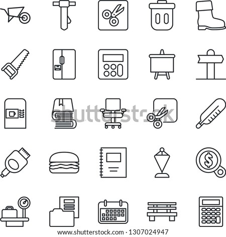 Thin Line Icon Set - coffee machine vector, luggage scales, pennant, tie, presentation board, wheelbarrow, boot, saw, bench, thermometer, signpost, term, hdmi, calculator, cut, copybook, book