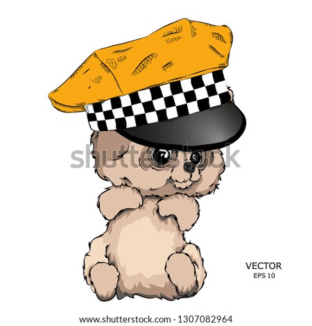 Hand draw Image Portrait of toy bear in a taxi cap. Hand draw vector illustration
