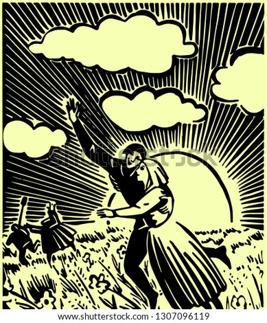 illustration of a young family of a guy and a girl who run in love in a flower field under the bright sun