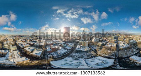 This is a full 360x180 aerial photosphere of the snowy morning at Pearl District, Portland, OR.