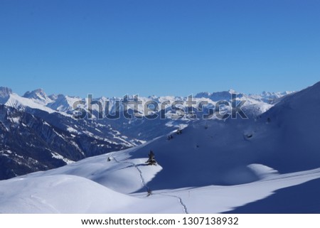 Switzerland, Bad Ragaz, Pizol, Laufböden. Picture of mountain landscape with blue sky and no clouds in winter with a lot of snow.
