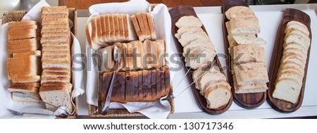 Restaurant breakfast bread selection, aerial view