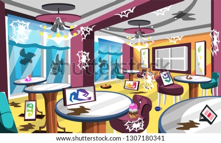 Dirty Gelato Ice Cream Cafe With Fancy Chair And Table, Classic Lamp, Big Windows, Artistic Wall Picture For Vector Illustration Interior Ideas
