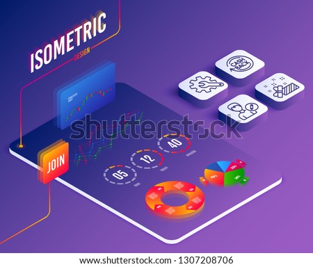 Isometric vector. Set of Present, Cashback and Customisation icons. Edit person sign. Gift, Refund commission, Settings. Change user info.  Software or Financial markets. Analysis data concept. Vector