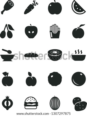 Solid Black Vector Icon Set - deep plate with a spoon vector, loaf, burger, hot porridge, chicken thigh, cabbage, carrot, fried potato slices, apple, orange slice, peach, ripe, tasty, cornels, melon