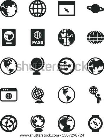 Solid Black Vector Icon Set - sign of the planet vector, globe, earth, passport, network, browser, man hold world, compass