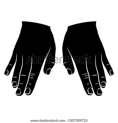 Isolated vector illustration. Top view of two human male hands.  Black and white linear silhouette. Cartoon style.