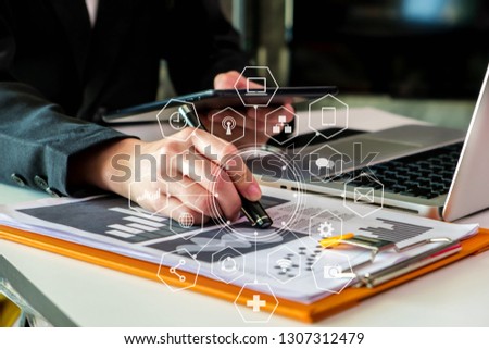 women hand working with laptop computer, tablet and smart phone in modern office with virtual icon diagram at modern office.