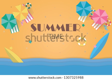 Vector summer beach with beach umbrellas,balls swim ring, surfboard, sandals and beach summer background