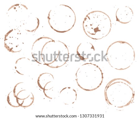 Brown coffee cup circle on white background. Black coffee vector element. Wet cup stain and splatter. Cafe menu decor. Wet circle on table. Coffee texture. Cafe table surface. Coffee or cacao cup dirt