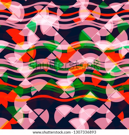 seamless texture with geometric shapes. Pink, red, black, green color. Wavy stripes and round elements