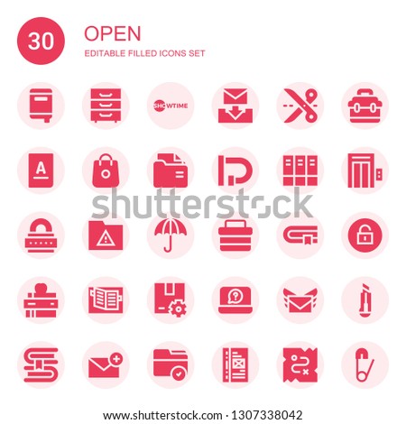 open icon set. Collection of 30 filled open icons included Notebook, Cabinet, Showtime, Email, Scissors, Book, Shopping, Folder, Lock, Archive, Umbrella, Toolbox, Package, Elevator