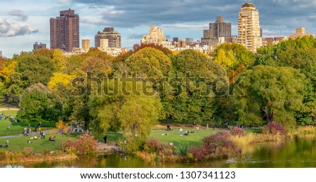 Central Park lake with reflections in foliage season, Manhattan, New York City.