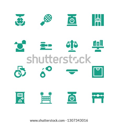 court icon set. Collection of 16 filled court icons included Punishment, Scale, Volleyball net, Jail, Balance, Handcuffs, Justice, Law, Prisoner, Tennis