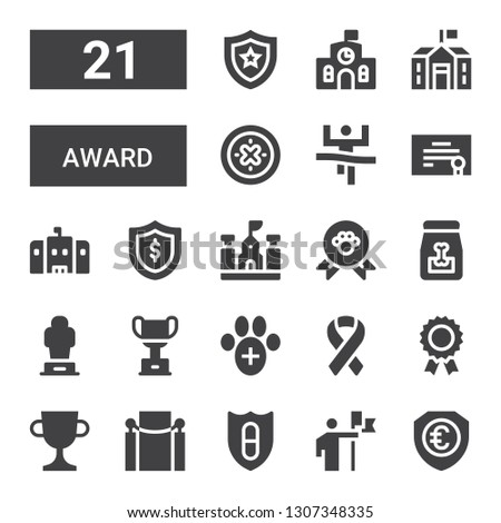 award icon set. Collection of 21 filled award icons included Shield, Conquer, Red carpet, Trophy, Prize, Ribbon, Veterinary, Award, Dog food, Winner, School, Diploma