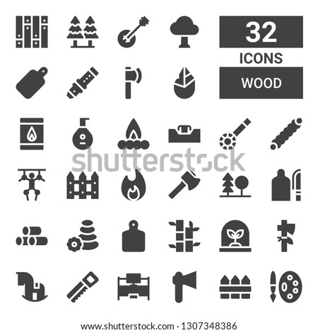 wood icon set. Collection of 32 filled wood icons included Painting palette, Fence, Axe, Desk, Saw, Rocking horse, Tree, Bamboo, Cutting board, Stone, Wood, Forest, Bonfire, Puppet