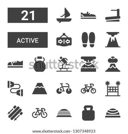 active icon set. Collection of 21 filled active icons included Bosu ball, Kettlebell, Bike, Skii, Volleyball net, Volcano, Chest expander, Eruption, Skater, Shoes, Shoe, Close