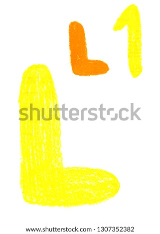 Hand-drawn oil and yellow pastel illustration of the letter "L". Children's cartoon simple rounded style. Isolated on white background. Can be used for illustrations of children's books, flyers, scrap
