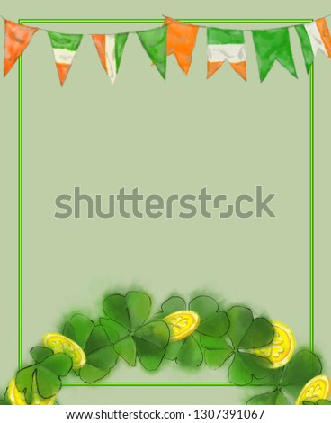 St. Patrick Day Template with Shamrock Wreath, Coins, and Decorative Flags. Great for  Print, Card, Banner, Invitation, Flyer, Announcement, Advertisement, and Decoration.