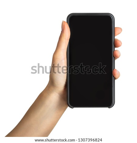 Women's hand showing black smartphone, concept of taking photo. Isolated with clipping path.