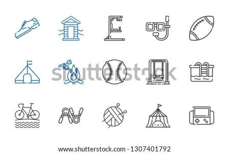 activity icons set. Collection of activity with video games, tent, ball, exercise, bike, pool, swing, baseball, marshmallow, rugby, dive. Editable and scalable activity icons.