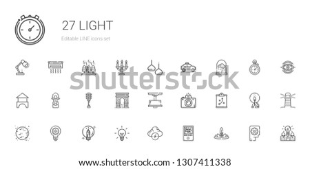 light icons set. Collection of light with feathers, domotics, brainstorm, idea, creative, moon, strategy, photography, lamp, arc, traffic light. Editable and scalable light icons.