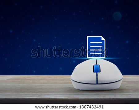 Document flat icon with wireless computer mouse on wooden table over fantasy night sky and moon, Business communication online concept