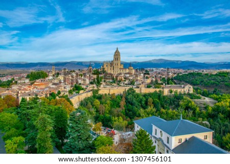 Cityscape of Segovia with the gothic cathedral, Spain
