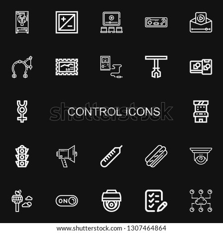 Editable 22 control icons for web and mobile. Set of control included icons line Freezer, Exposure, Video, Joystick, Brake, Stamp, Thermometer, Robotic arm on black background