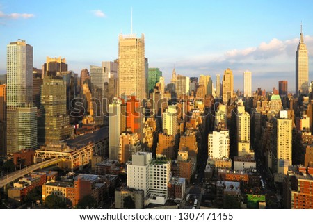 Aerial and panorama view of skyscrapers of  New York City, Manhattan.  Top view of night midtown of Manhattan. 